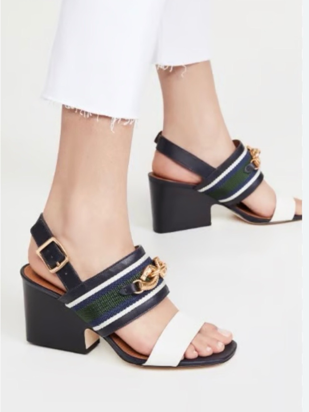 Tory Burch Navy, Cream & Green Block Heel Sandals with Gold Accent